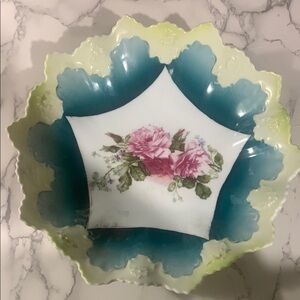 Floral Serveware Bowl with Blue and Green Accents